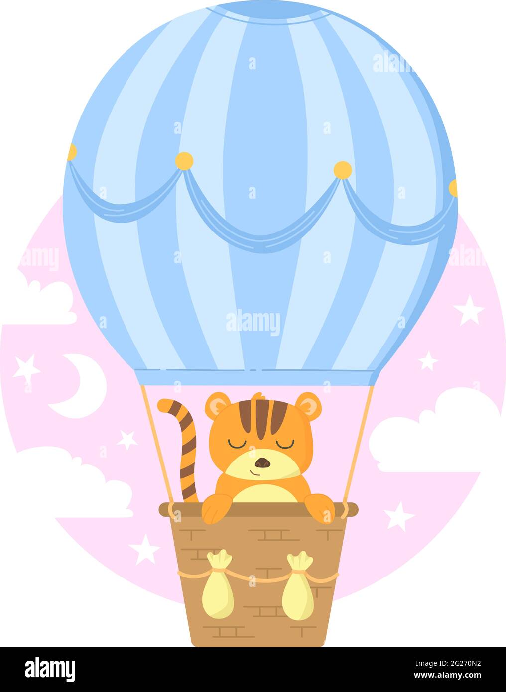 Carino tigre del bambino in cesto che flaging su palloncino blu tra il cielo rosa con le nuvole. Illustrazione vettoriale dello stock isolata su sfondo bianco in cartoni animati piatti Illustrazione Vettoriale