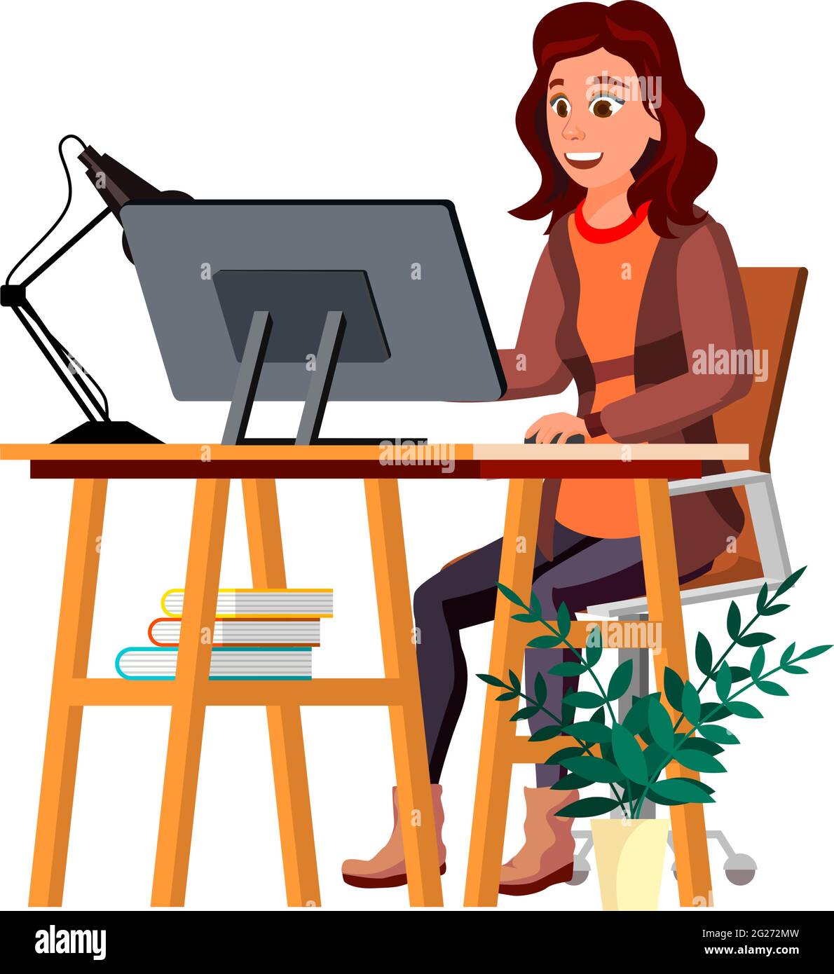attraente giovane donna che cerca informazioni in internet su vettore di cartoni animati computer Illustrazione Vettoriale