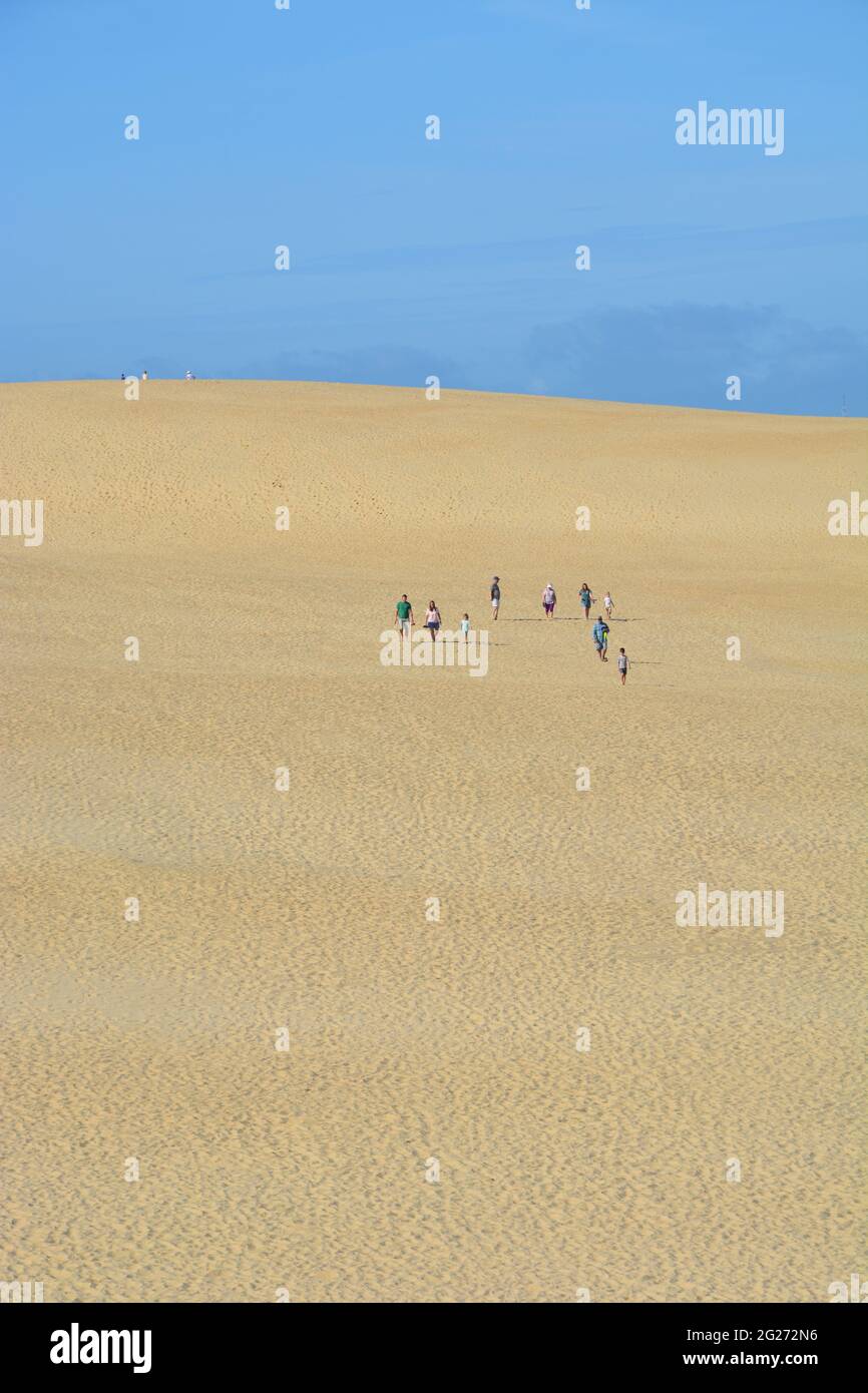 Una famiglia può fare escursioni sulle dune del Jockeys Ridge state Park, sulle sponde esterne del North Carolina. Foto Stock