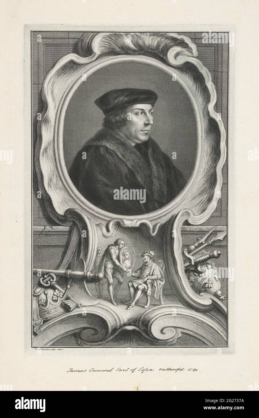 Ritratto di Thomas Cromwell. Ritratto di Thomas Cromwell. Sotto il ritratto un'immagine in cui Thomas Cromwell a Henrik VIII mostra il ritratto di Anna van Kleef. Foto Stock