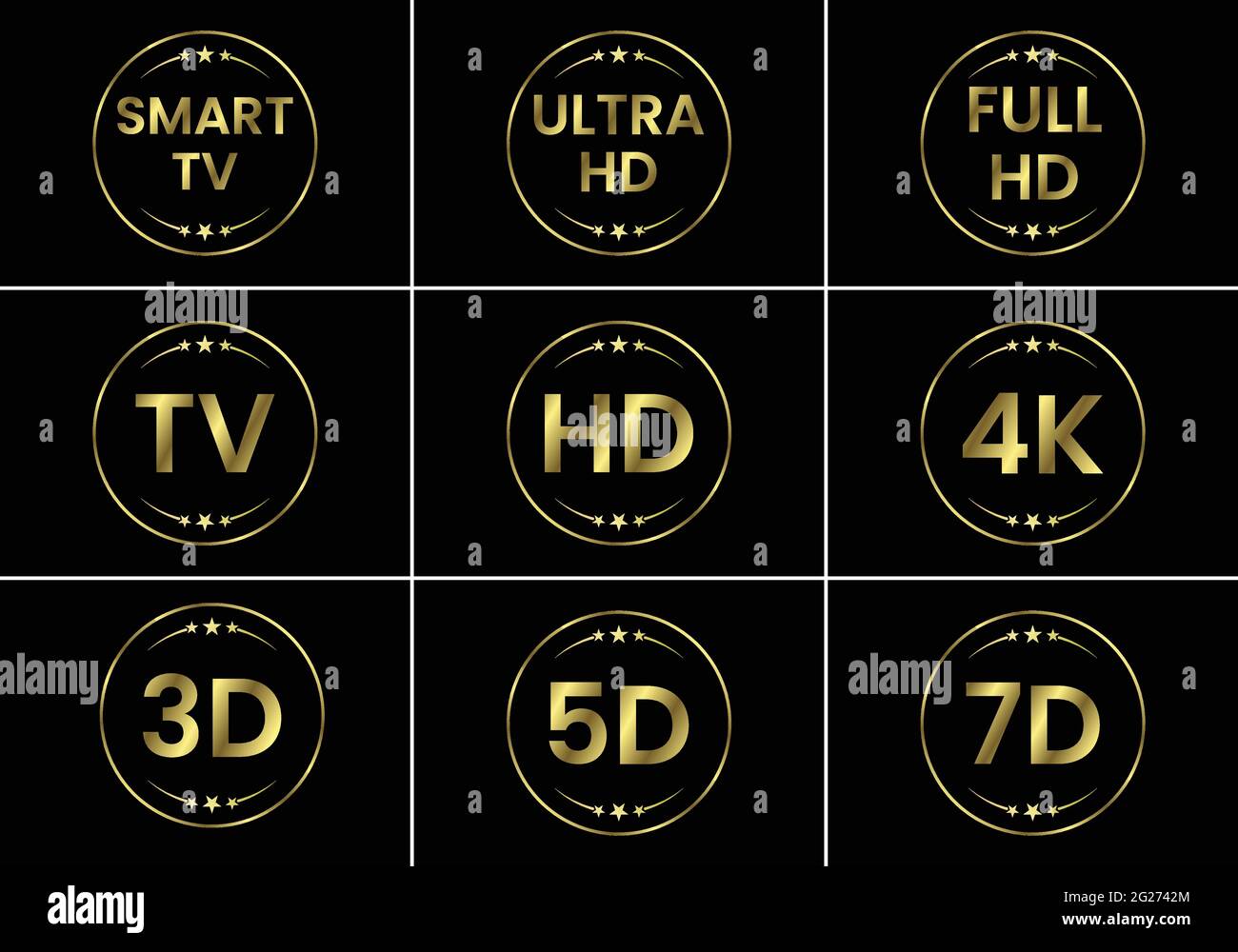 Set di icone Golden TV. Etichette TV HD 3D 5D 7D Smart TV Full HD 4K Ultra HD Illustrazione Vettoriale