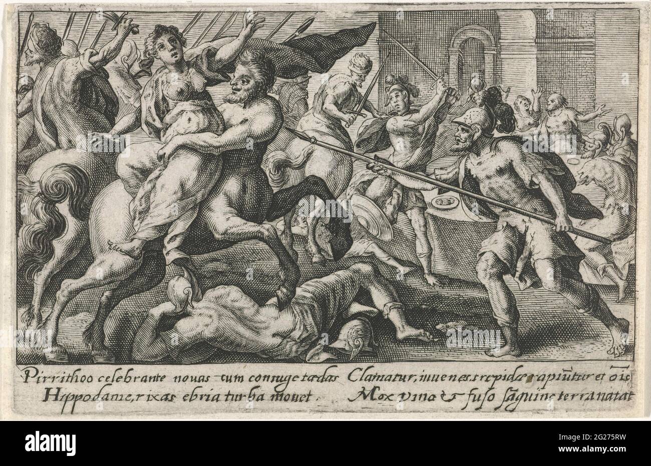 Il tetto di Ippodamea; Metamorfosi da Ovidio. I Lapithe celebrano il matrimonio del re Piritoens e di Ippodamea, dove erano invitati anche i centauri. Uno di loro, Eurytus cerca di rapire la sposa. Theseo lo ferma. Nel margine una didascalia di quattro righe, in due colonne, in latino. Foto Stock