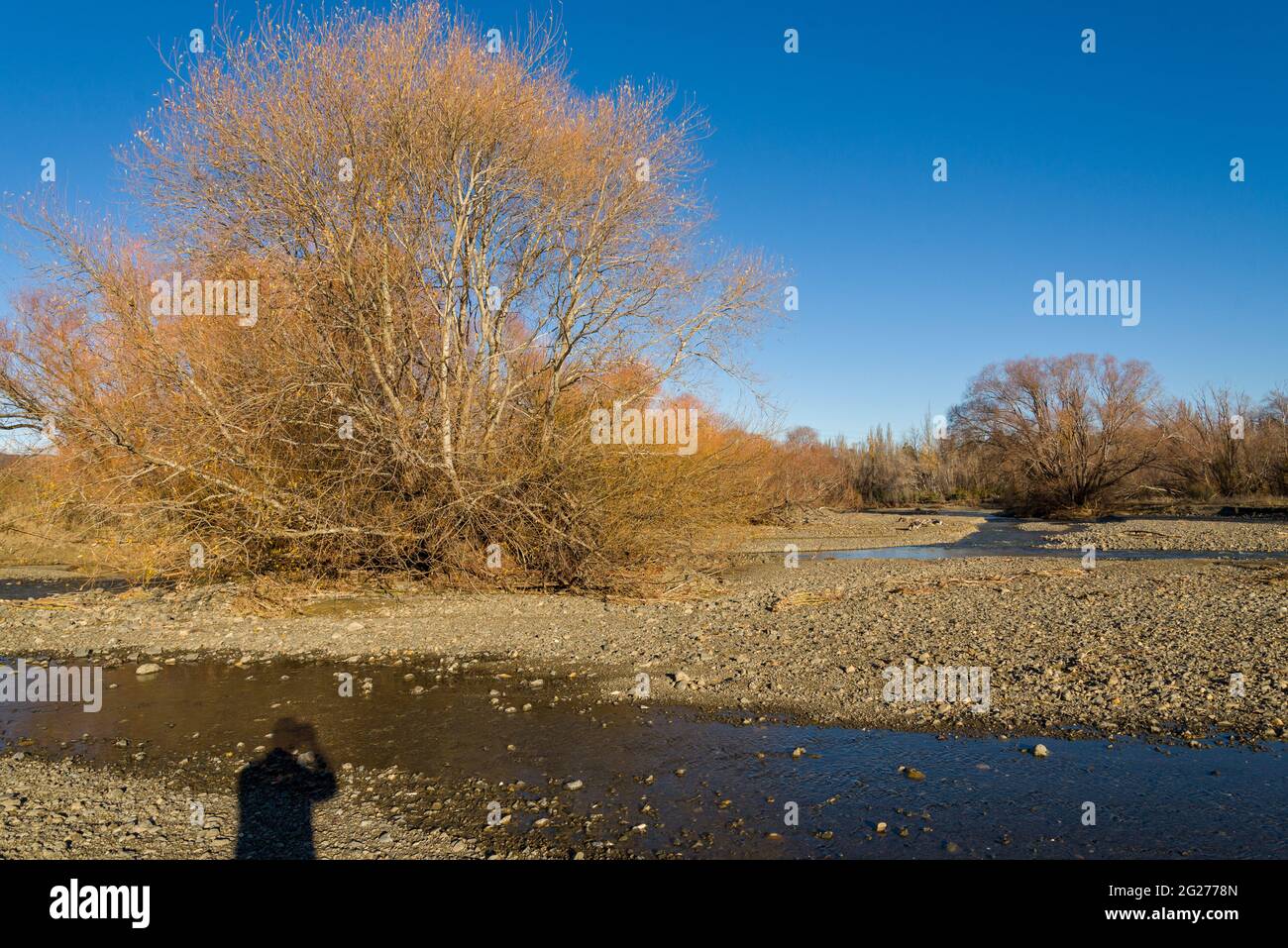 Sfumature orangose al Fiume Waipara, Hurunui, Isola del Sud, Nuova Zelanda Foto Stock