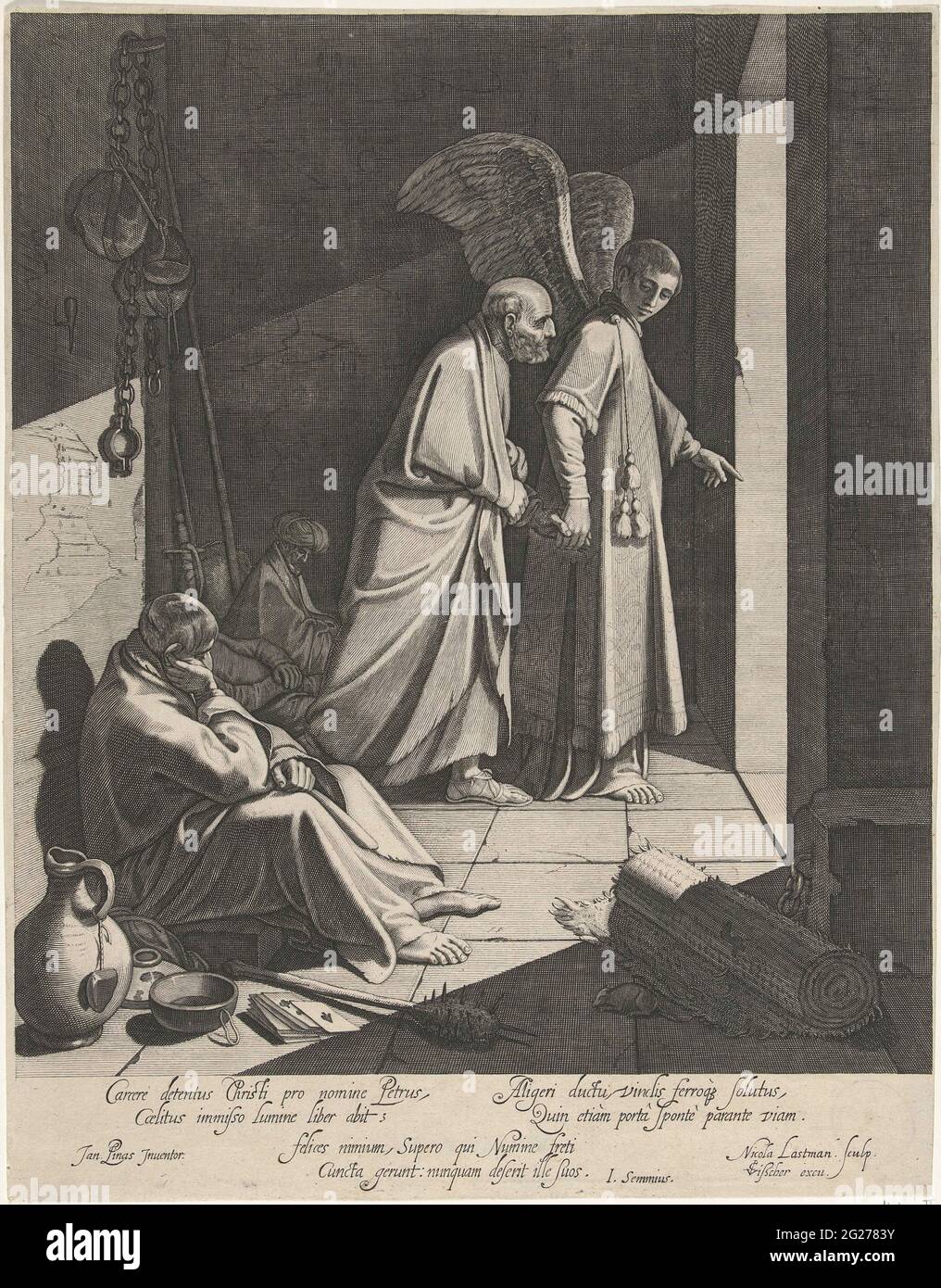 Liberazione da Petrus. Un angelo conduce Pietro la prigione mentre le guardie dormono. Un testo in latino nel margine. Foto Stock