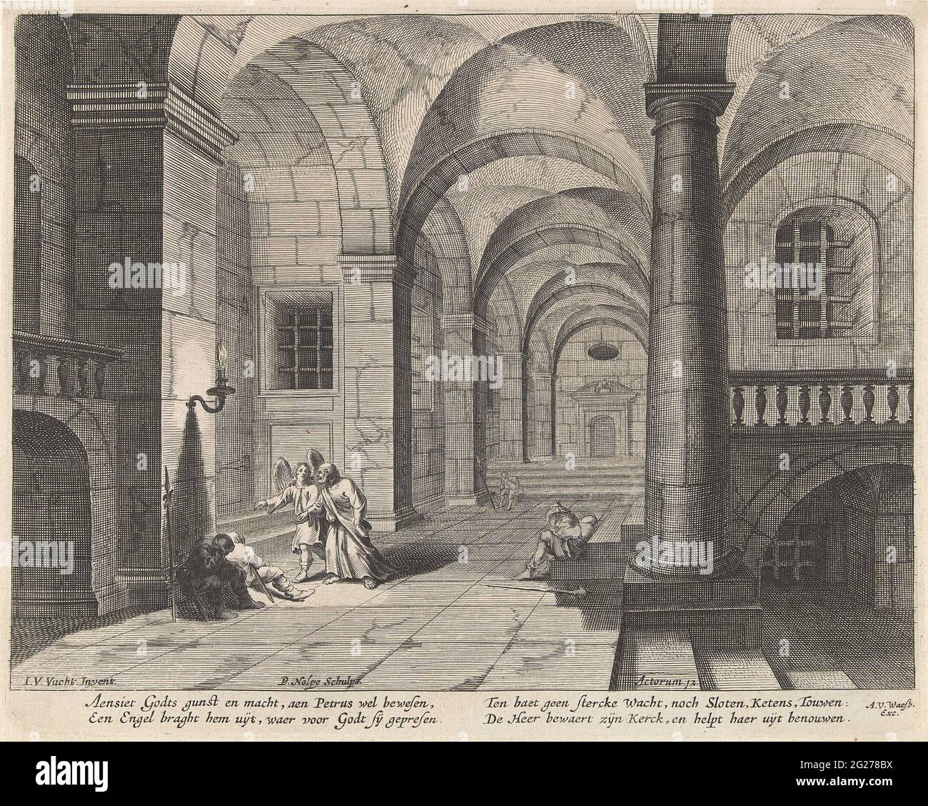 Liberazione da Petrus dalla prigione. Un angelo conduce Petrus lungo le guardie addormentate dalla prigione. Alla storia della Bibbia in mano. 12: 9-10. In fondo al margine due versetti biennali in olandese. Foto Stock