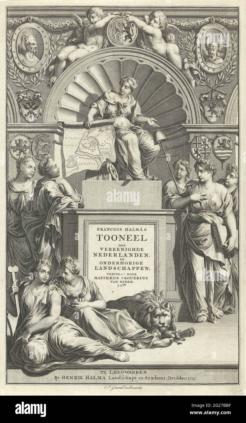 Allegoria della Repubblica dei sette Paesi Bassi Uniti; pagina del titolo per François Halma e Matthaeus Brouërius van Nidek, tappa del Segretario Nederlanden e paesaggi dipendenti, 1725; scena di Francois Halma del Segretario Nederlanden e paesaggi dipendenti. Pagina del titolo con prestazioni allegoriche. La personificazione della persona è su un trono rialzato circondato dalle personificazioni delle sette province. Possiede una mappa dei Paesi Bassi. Sul trono il titolo dell'opera del libro. Sotto il trono il leone olandese, con un fascio di frecce nelle sue artigli. Foto Stock