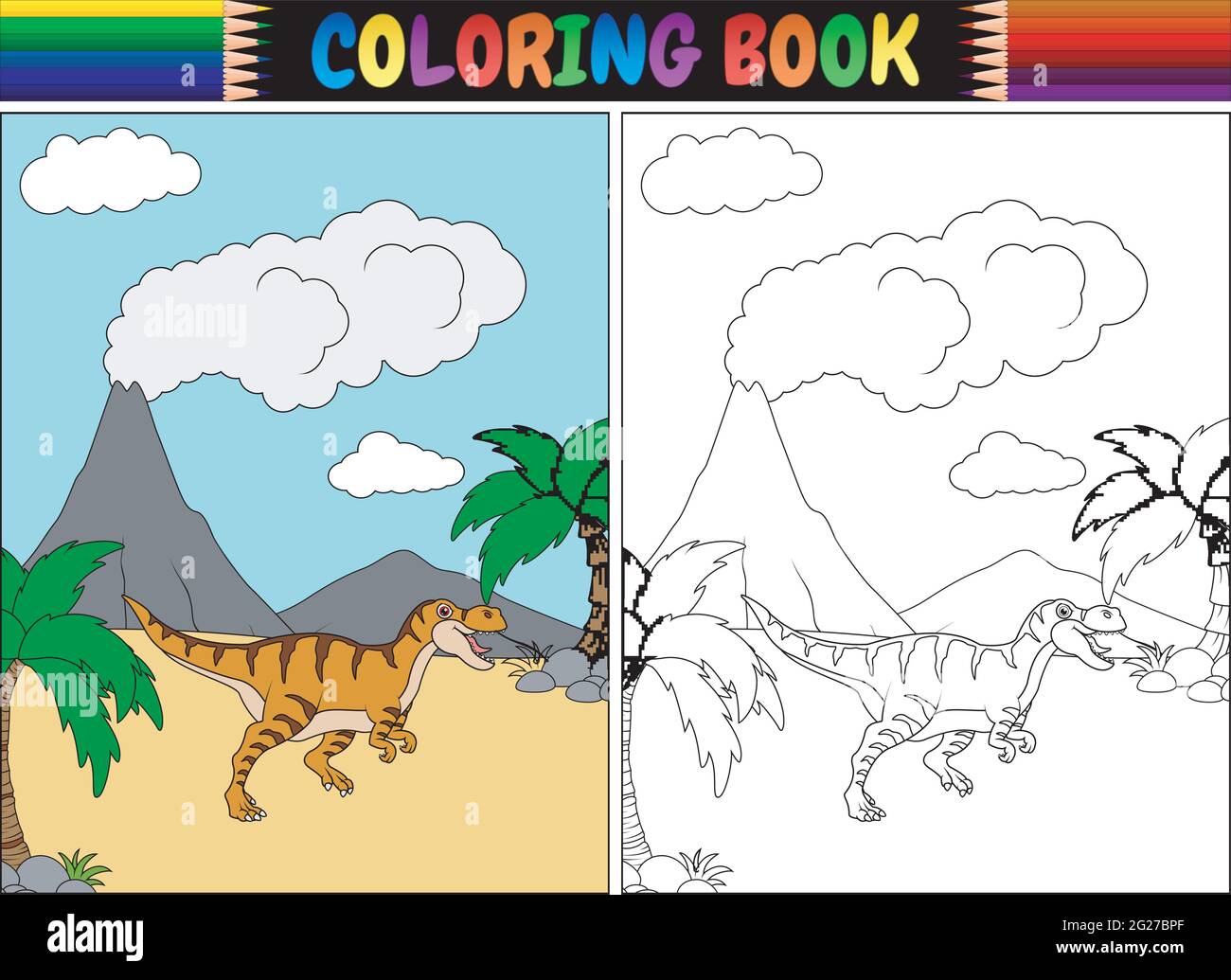 Libro da colorare con cartoon tirannosauro Illustrazione Vettoriale
