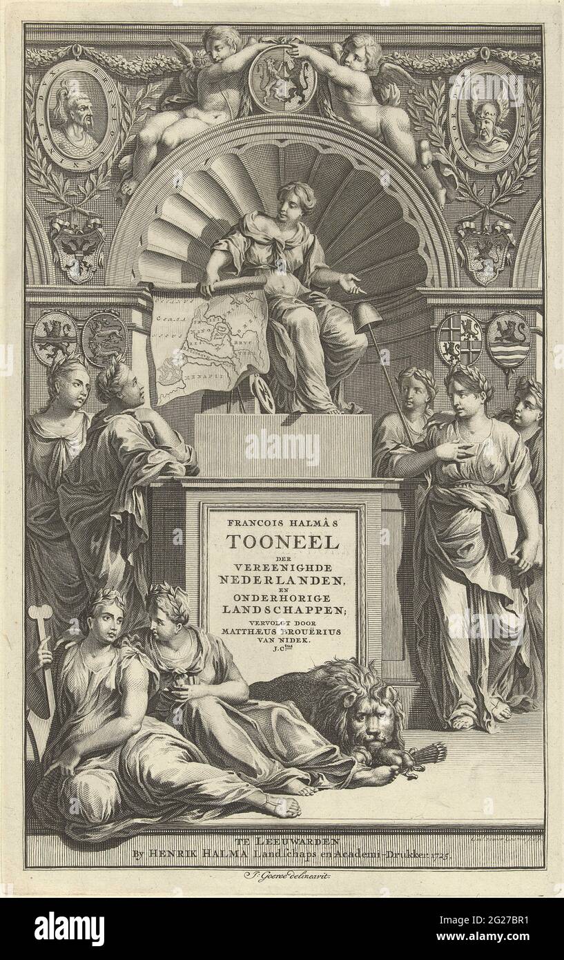 Allegoria della Repubblica dei sette Paesi Bassi Uniti; pagina del titolo per François Halma e Matthaeus Brouërius van Nidek, tappa del Segretario Nederlanden e paesaggi dipendenti, 1725; scena di Francois Halma del Segretario Nederlanden e paesaggi dipendenti. Pagina del titolo con prestazioni allegoriche. La personificazione della persona è su un trono rialzato circondato dalle personificazioni delle sette province. Possiede una mappa dei Paesi Bassi. Sul trono il titolo dell'opera del libro. Sotto il trono il leone olandese, con un fascio di frecce nelle sue artigli. Foto Stock