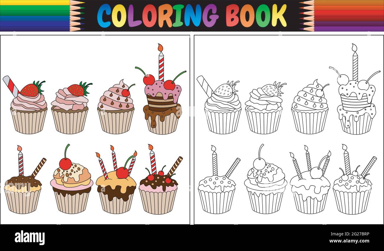 Cupcake da colorare con candele e frutta Illustrazione Vettoriale