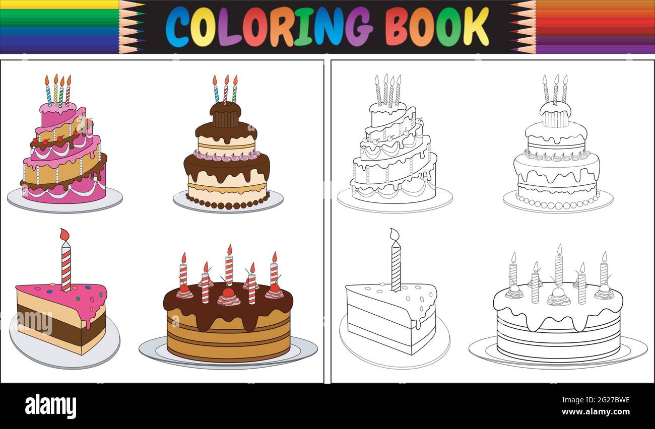 Libro da colorare torta di compleanno con candele Illustrazione Vettoriale