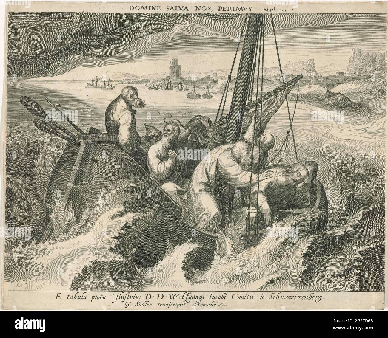 Tempesta sul Lago di Galilea; Domine Salva Nos PerimVs. Pietro barca da pesca con sei apostoli in acque turbolente sul lago di Galilea. Cristo sta dormendo mentre Petrus cerca di svegliarlo. La costa sullo sfondo. Foto Stock