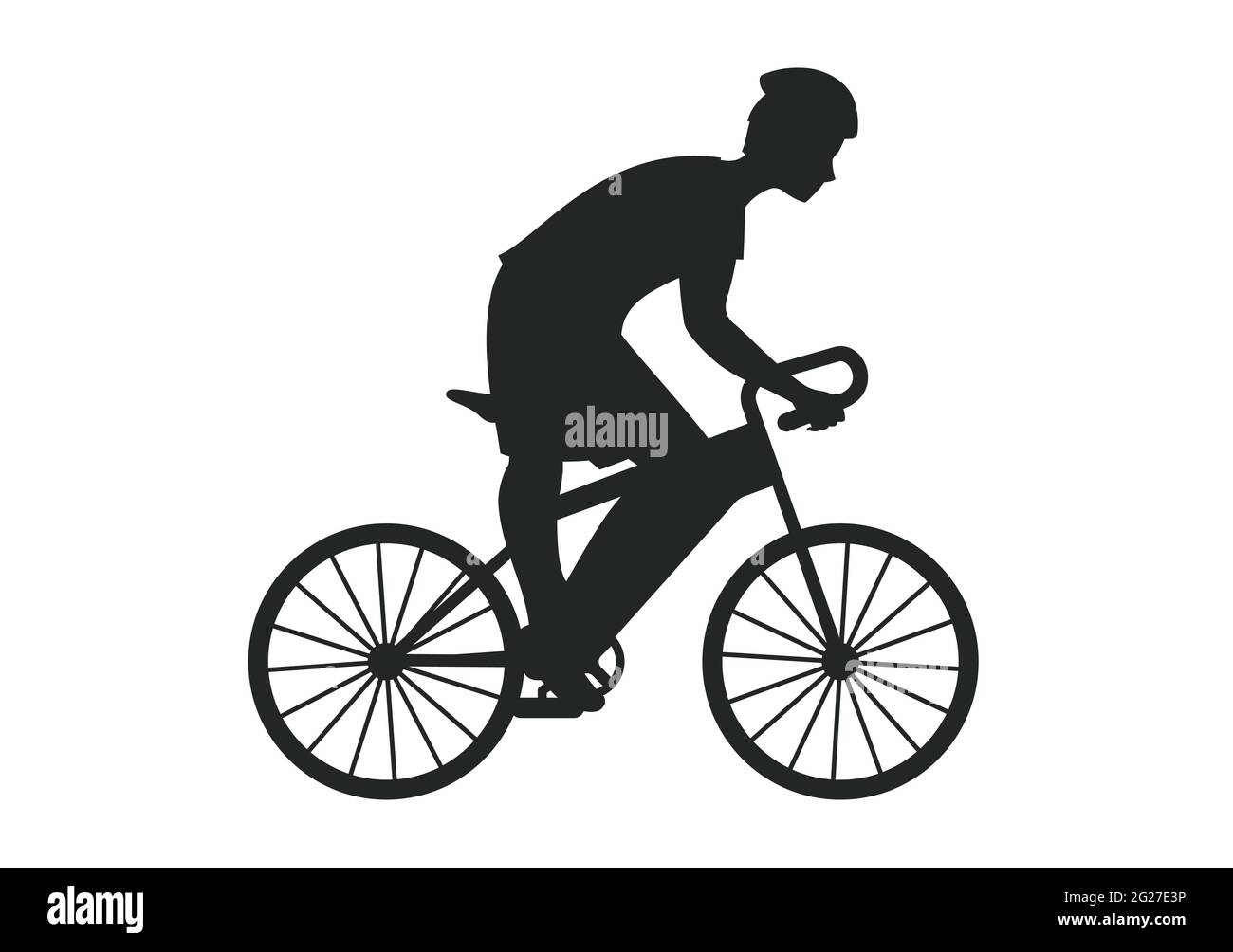 Sagoma nera del ciclatore su sfondo bianco - illustrazione vettoriale. Sportivo in casco, passeggiate in bicicletta. Per pittogramma, logo, modello di disegno Illustrazione Vettoriale
