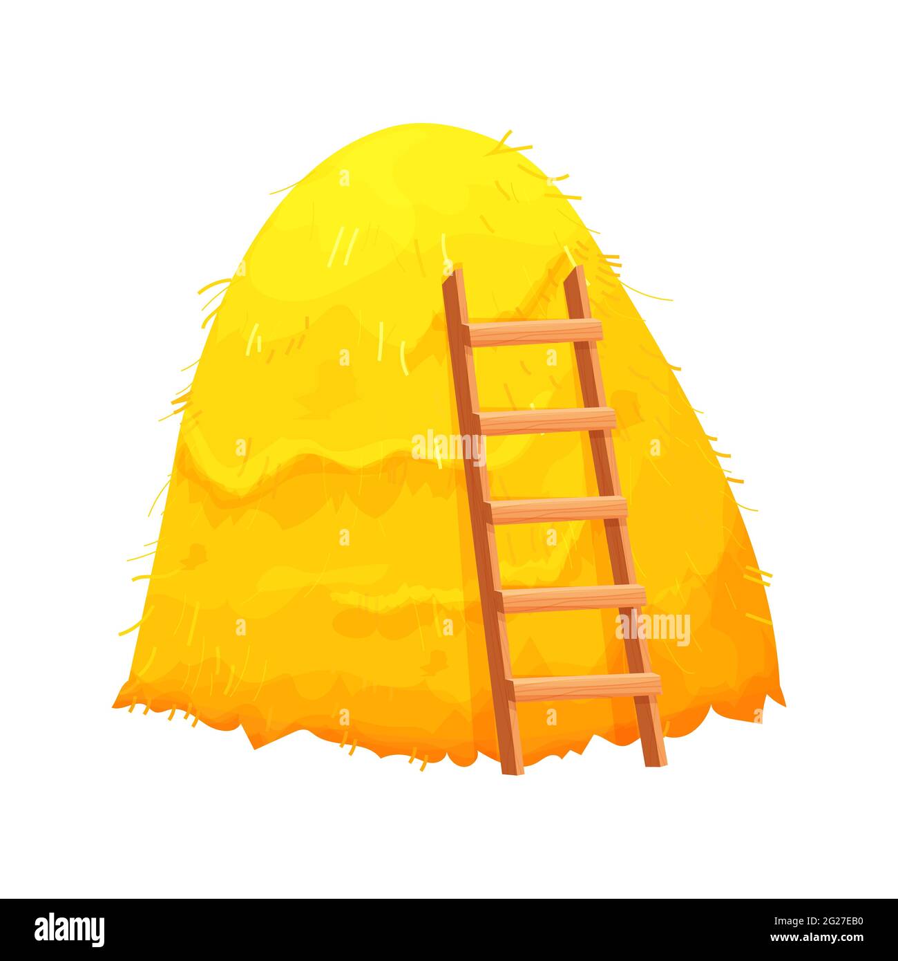 Balla secca di fieno con scala in legno in stile cartone isolato su sfondo bianco. Catasta di paglia. Raccolto agricolo, indice del vettore di stock di lavoro agricolo Illustrazione Vettoriale