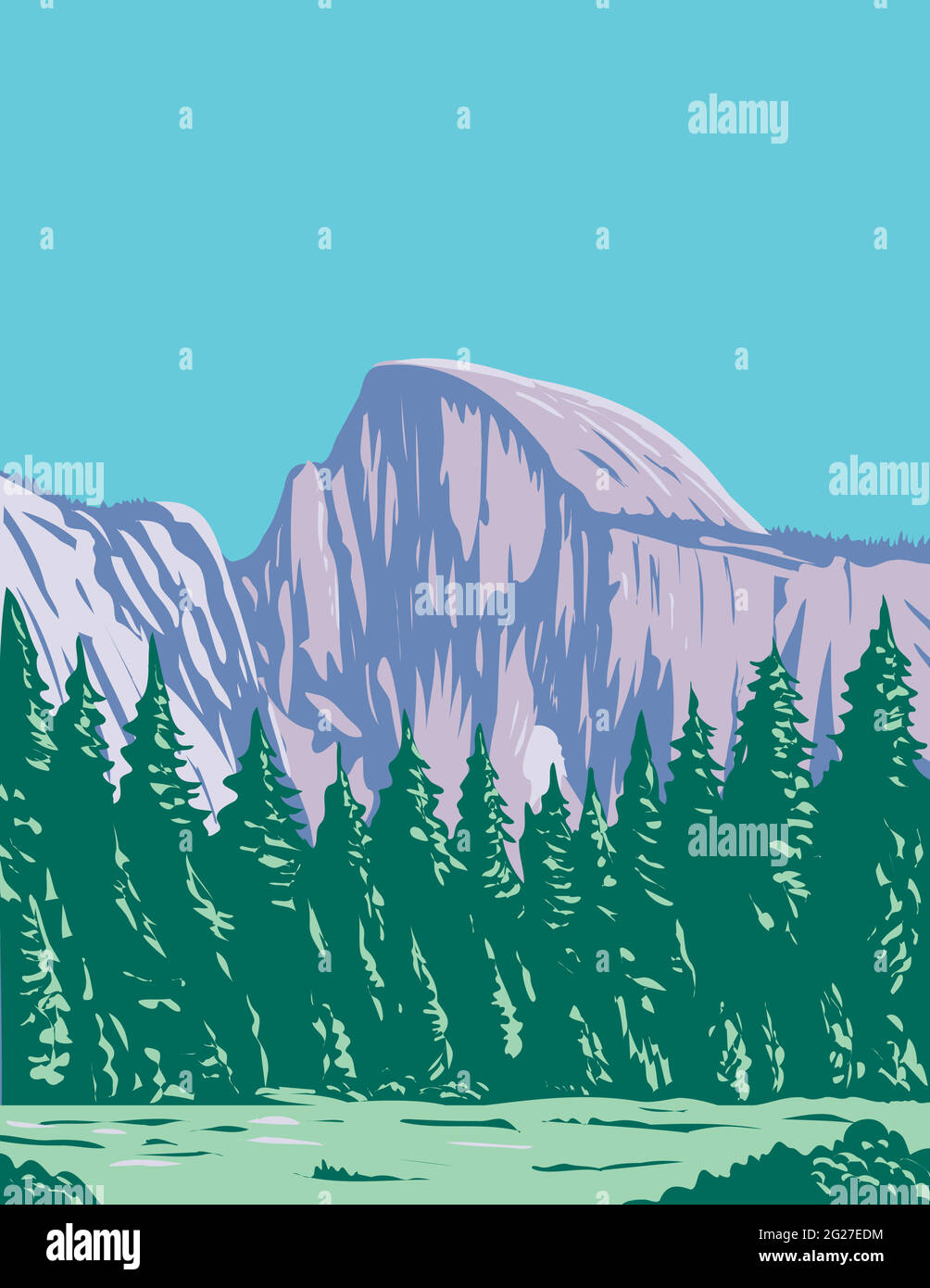 WPA poster art di Half Dome, una cupola di granito all'estremità orientale della Yosemite Valley nel Parco Nazionale di Yosemite, California fatto in lavori administ progetto Illustrazione Vettoriale