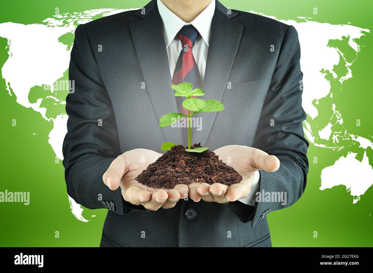 Uomo d'affari che tiene verde semenzatura con suolo - sviluppo sostenibile & concetto di conservazione Foto Stock