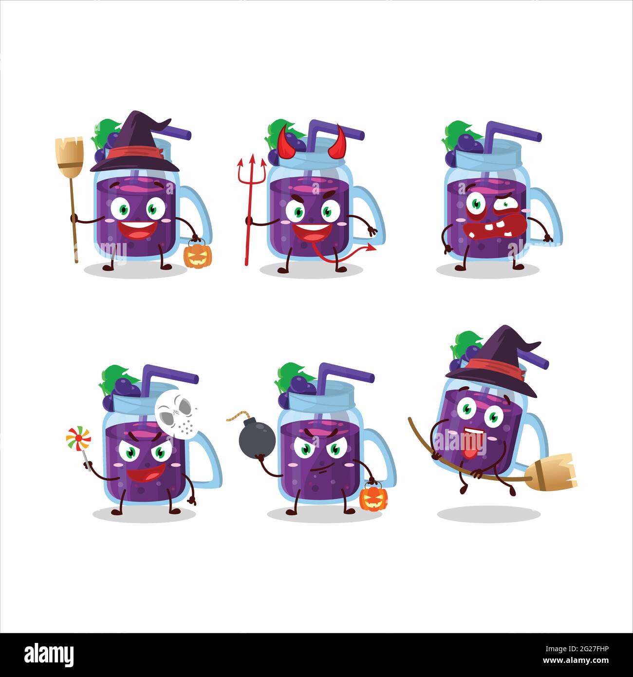 Emoticon di espressione di Halloween con carattere cartoon di frullato d'uva. Illustrazione vettoriale Illustrazione Vettoriale