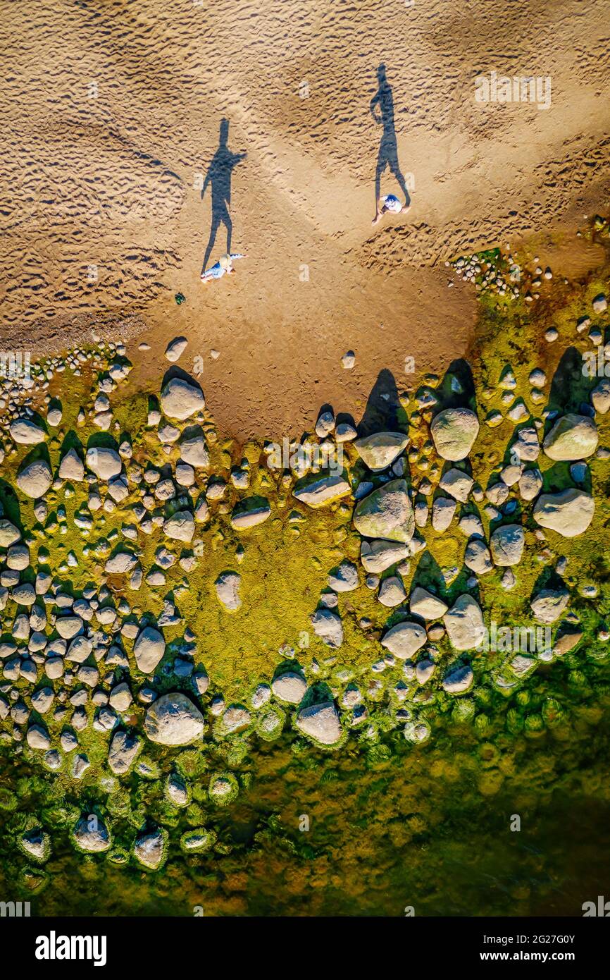 Foto aerea di uomini con enormi ombre sulla riva del Mar Baltico con alghe di mare verdi su pietre Foto Stock