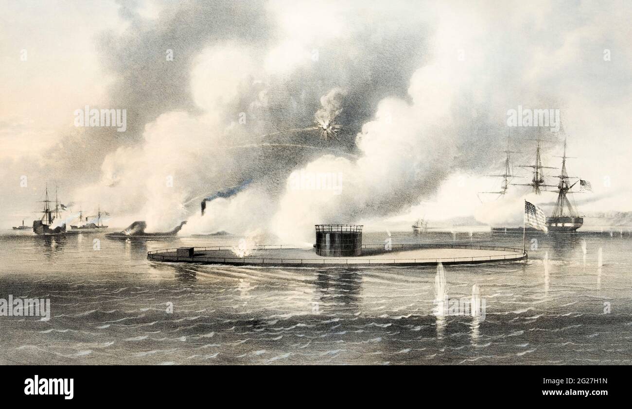 La USS Monitor si è impegnata in una feroce battaglia di armi con il Merrimac. Foto Stock