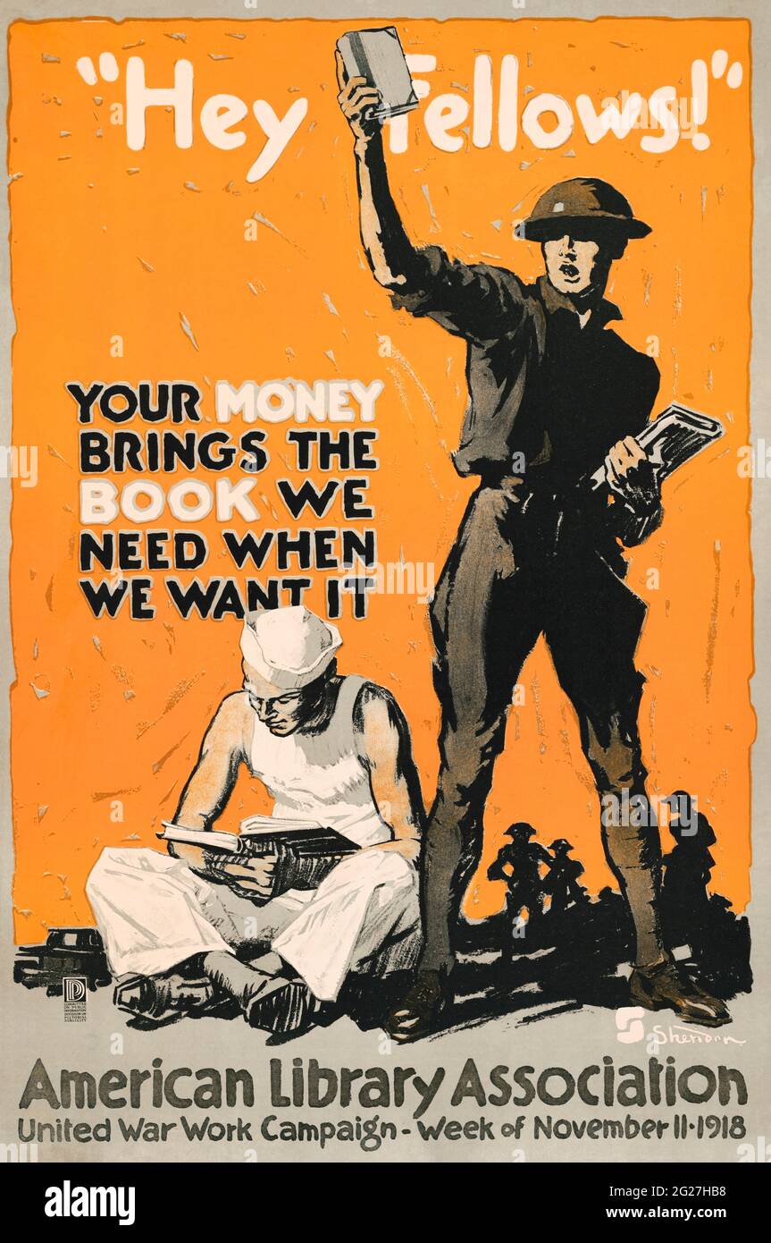 Poster militare della prima Guerra Mondiale che mostra un soldato che tiene un libro mentre un marinaio legge uno seduto ai suoi piedi. Foto Stock