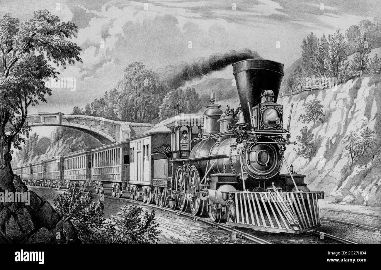 Un treno che passa da sotto un ponte come parte del progetto ferroviario americano durante il 19 ° secolo. Foto Stock