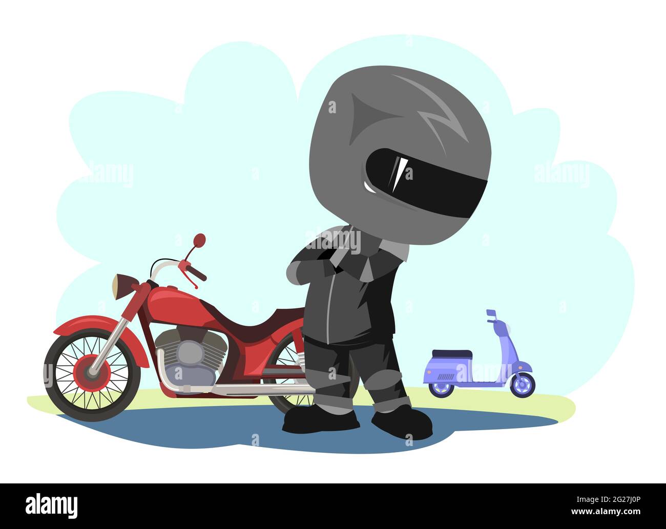 Cartoni animati biker. Illustrazione per bambini. Confronta le moto. Uniforme sportiva e casco. Moto cool. Moto chopper. Motociclista divertente. Sfondo isolato Illustrazione Vettoriale