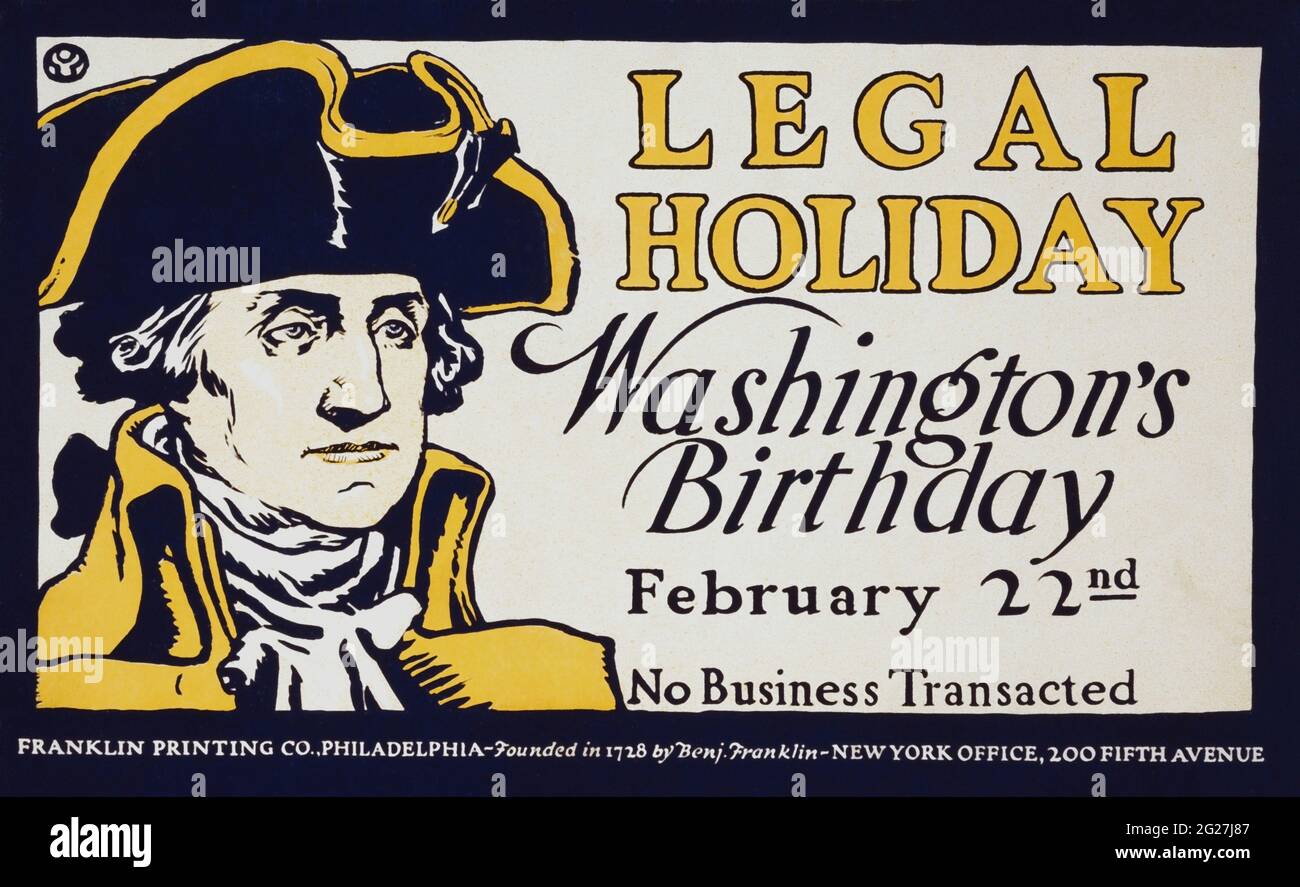 Un ritratto di George Washington insieme alla dichiarazione che il suo compleanno è una festa legale. Foto Stock