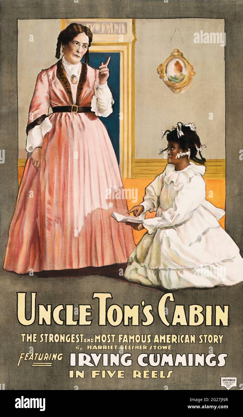 Stampa del XX secolo di una donna anziana che agita il dito contro un bambino afroamericano che tiene un libro. Foto Stock