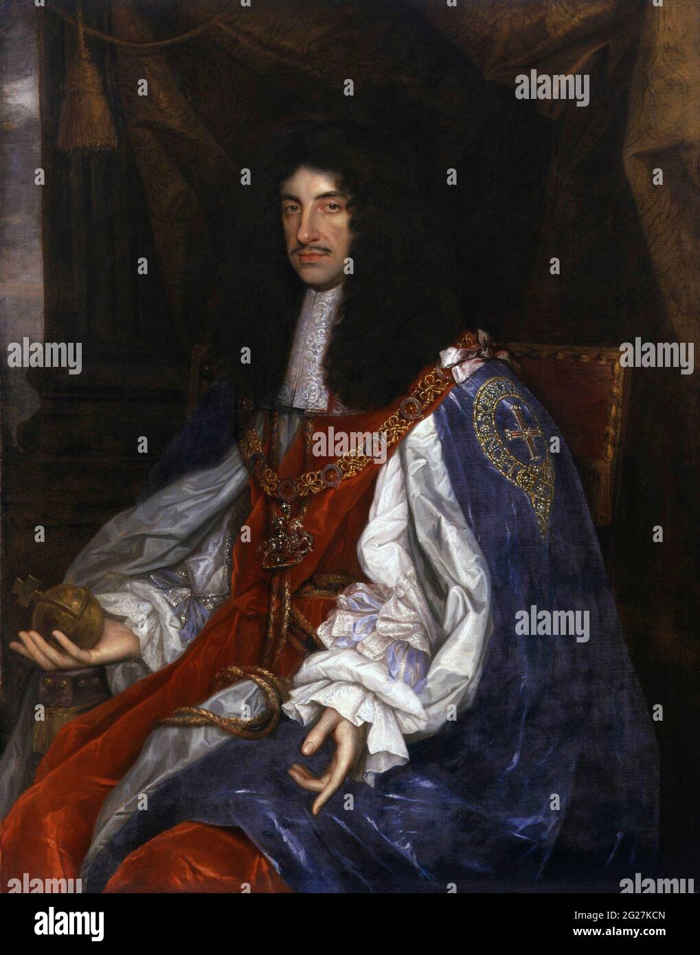 Dipinto di re Carlo II vestito di abiti da garter quando era il monarca regnante d'Inghilterra, Scozia e Irlanda. Foto Stock