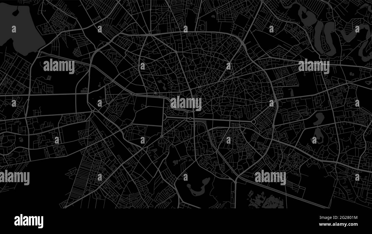 Mappa vettoriale dell'area della città di Bucarest in grigio scuro e nero, cartografia delle strade e dell'acqua. Formato widescreen, design piatto digitale Illustrazione Vettoriale