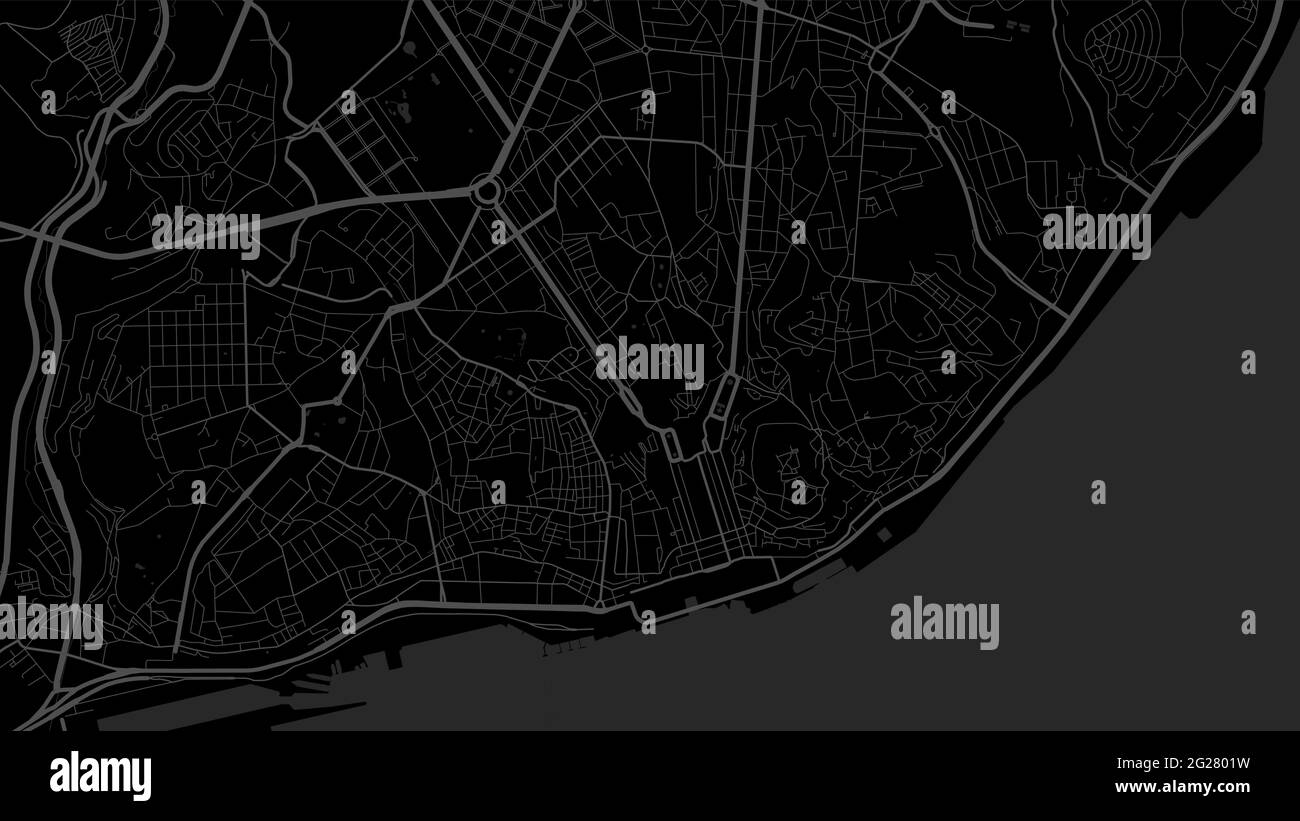 Mappa vettoriale dell'area della città di Lisbona in grigio scuro e nero, strade e cartografia dell'acqua. Proporzione widescreen, design piatto digitale str Illustrazione Vettoriale