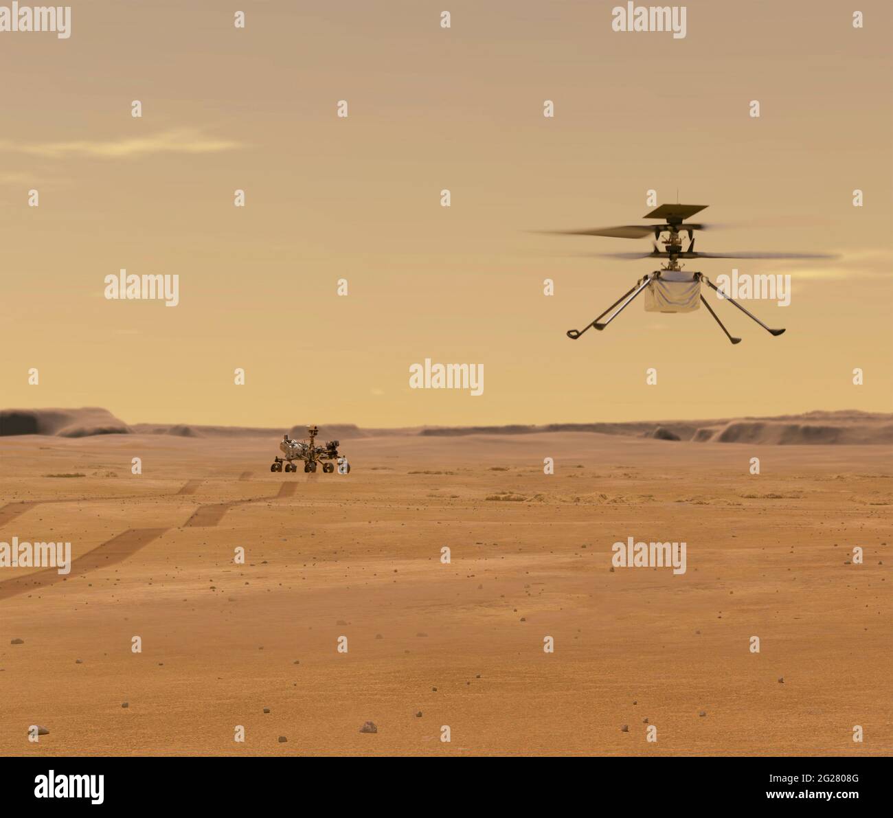 Il concetto di artista di Marte Ingenuity drone che vola sopra la perseveranza rover sul pianeta Marte. Foto Stock