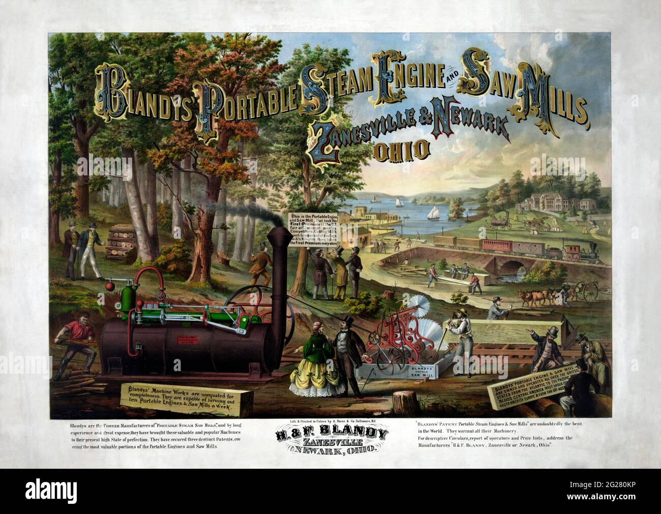 Motore a vapore portatile e mulini a sega di Blandy, Zanesville & Newark Ohio, circa 1867. Foto Stock