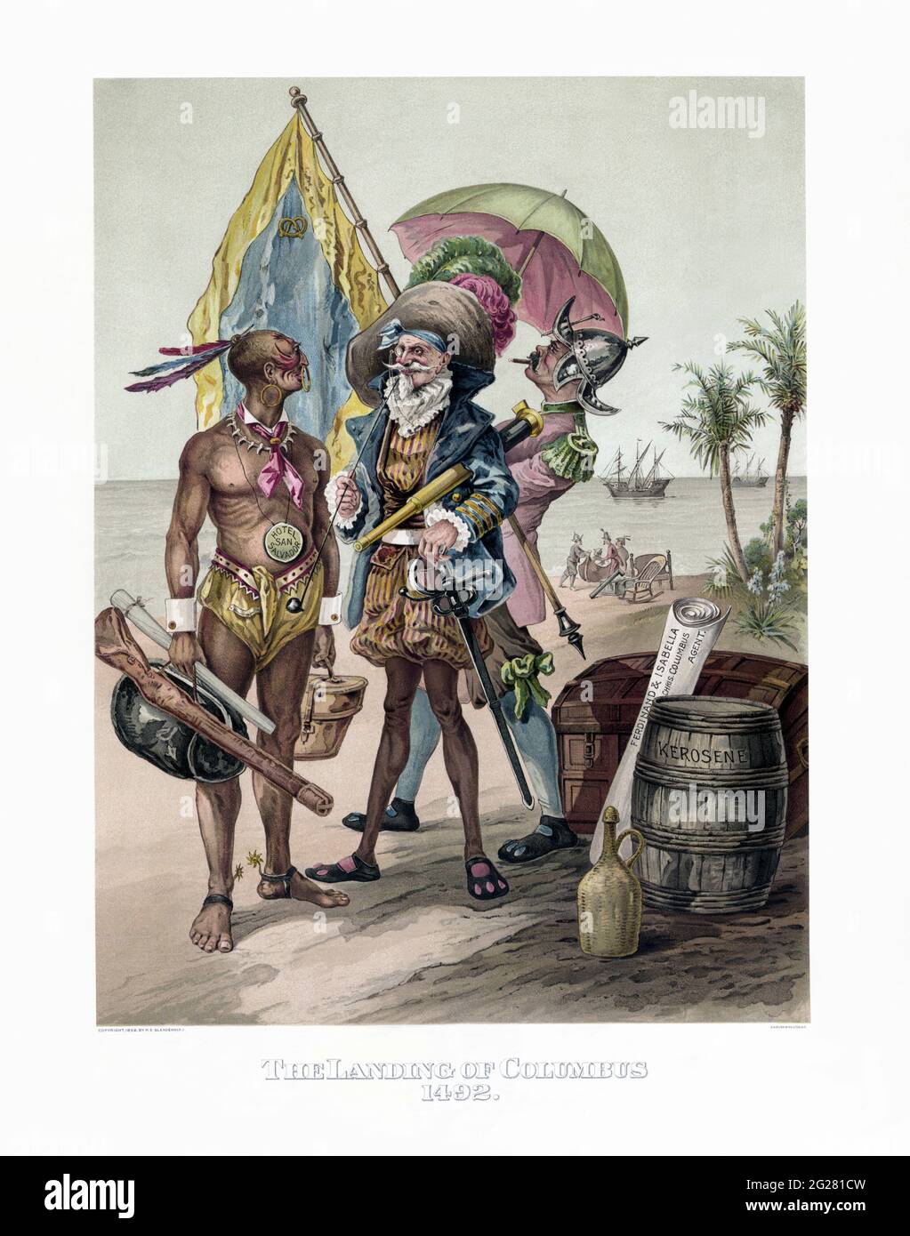 Immagine d'epoca di una rappresentazione satirica dell'atterraggio di Cristoforo Colombo nel 1492. Foto Stock