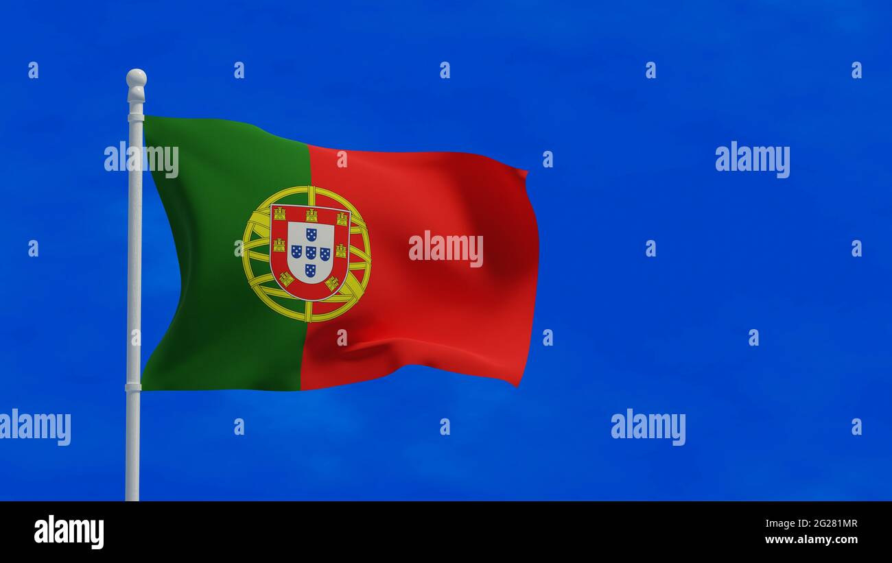 Bandiera nazionale della Repubblica portoghese, che sventola nel vento. Rendering 3d, CGI Foto Stock