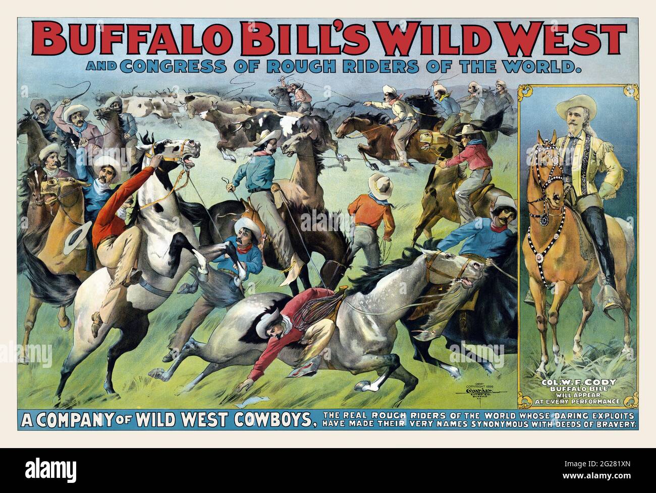 Manifesto del Circus che mostra i cowboy che arrotondano il bestiame e ritratto del col. William F. Cody a cavallo. Foto Stock