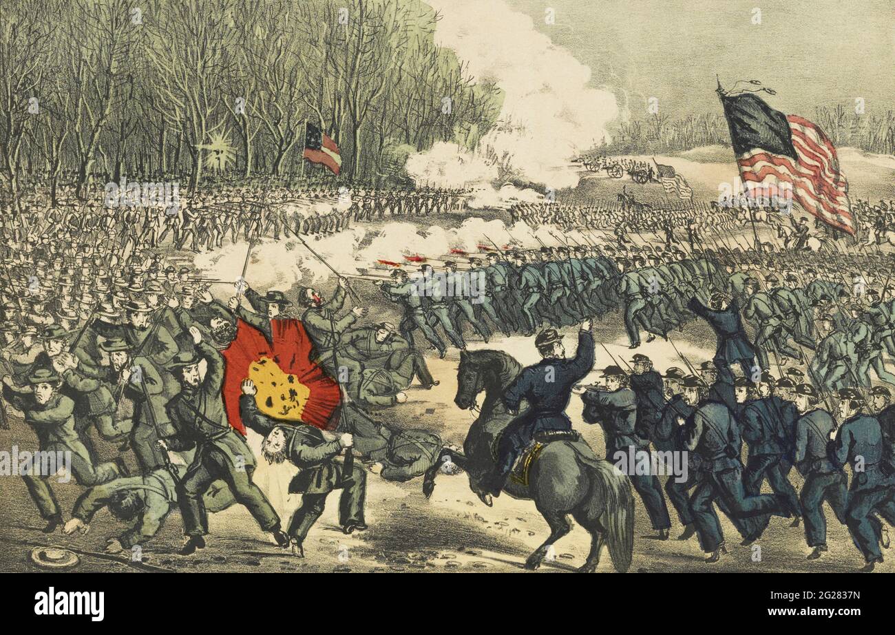 Soldati dell'Unione avanzano sui soldati confederati durante la battaglia di Chancellorsville, 1863. Foto Stock