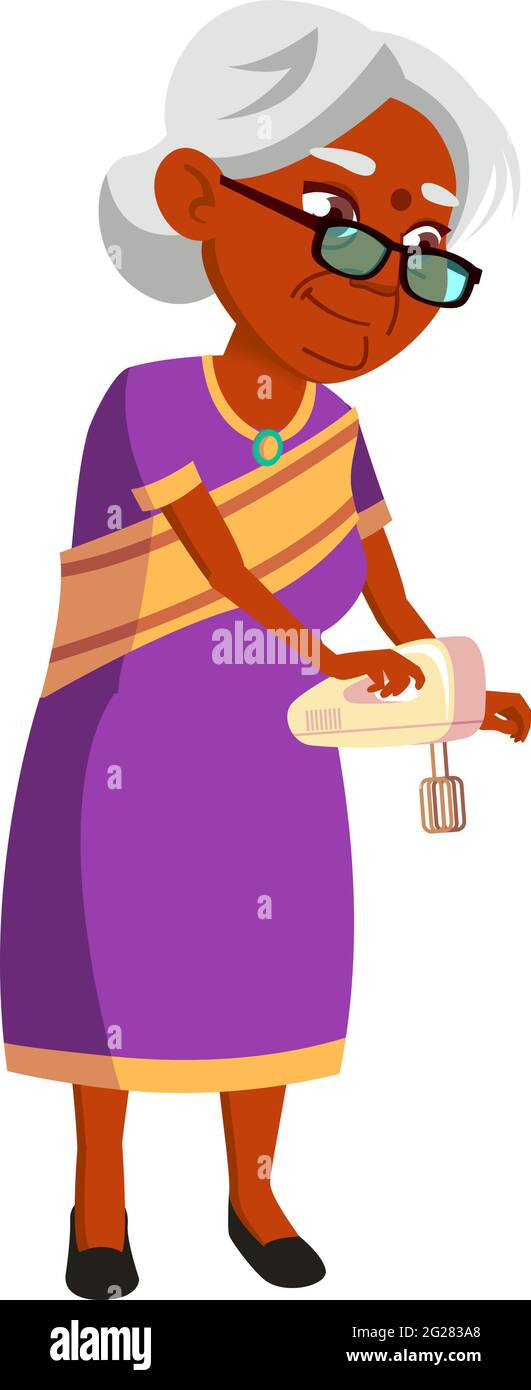 donna anziana indiana fare crema con miscelatore per vettore cartoon torta Illustrazione Vettoriale