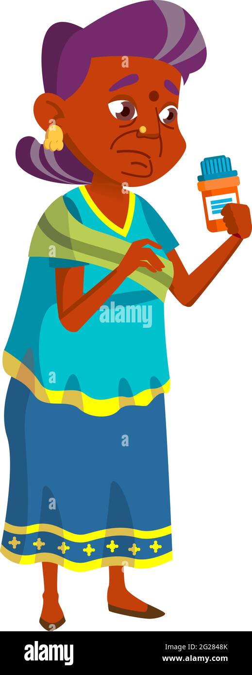 triste nonna indiana che legge composizioni di pillole di medicina vettore cartoon Illustrazione Vettoriale