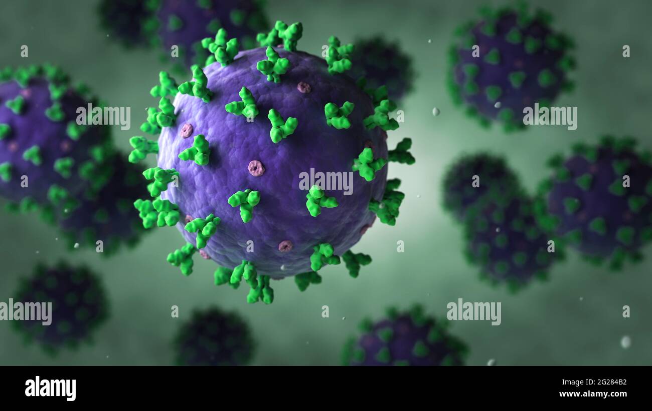 Illustrazione biomedica di un gruppo di virus galleggiante lassa. Foto Stock