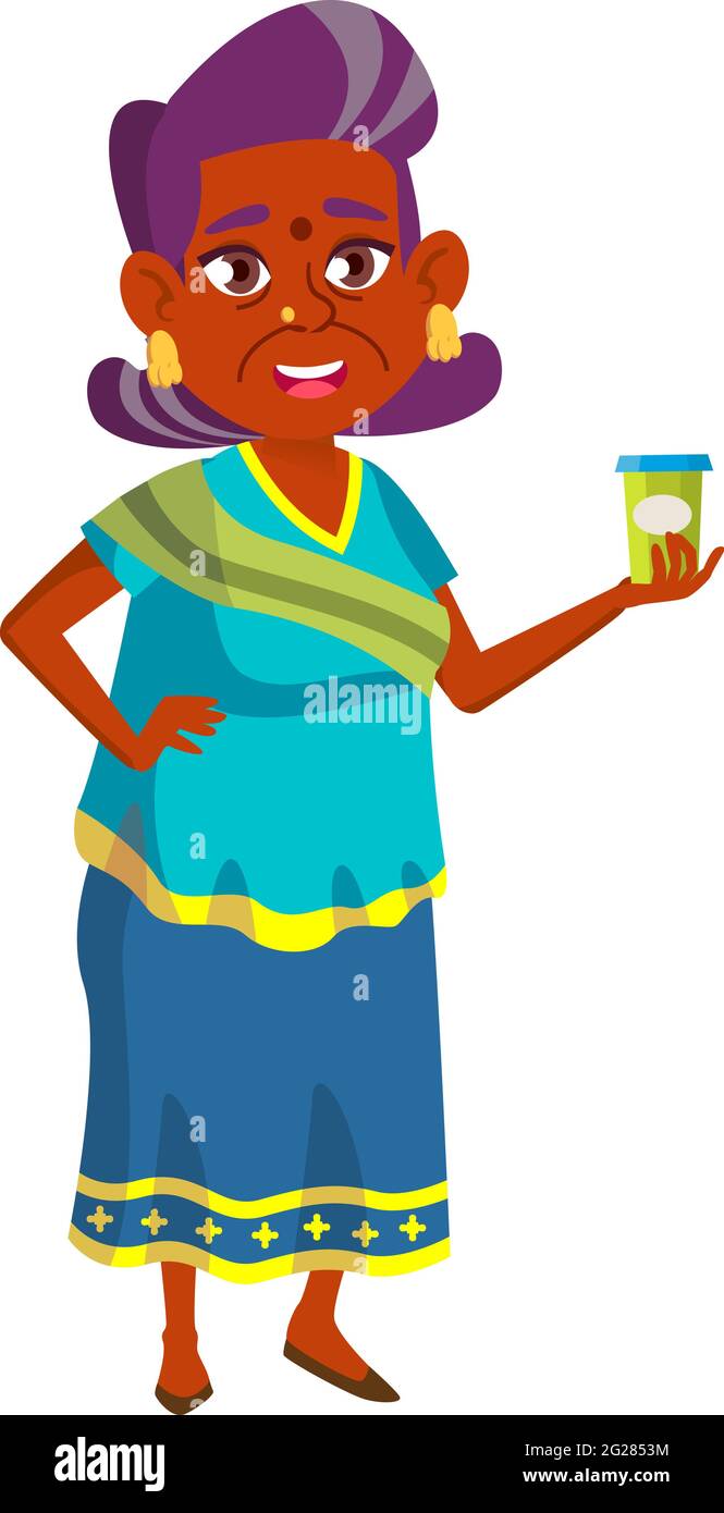 anziana donna indiana che offre una tazza di tè al vettore amico cartone animato Illustrazione Vettoriale