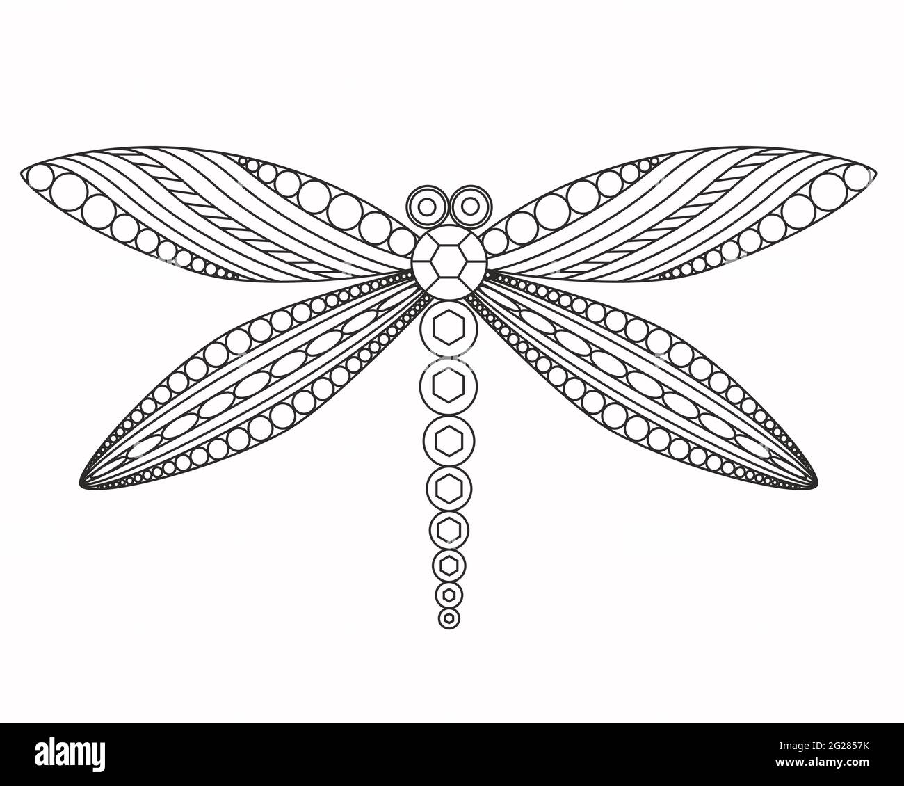 Dragonfly, illustrazione grafica vettoriale. Un bell'insetto aggraziato con ali modellate. Libellula nera incisa su sfondo bianco. Linee semplici Illustrazione Vettoriale