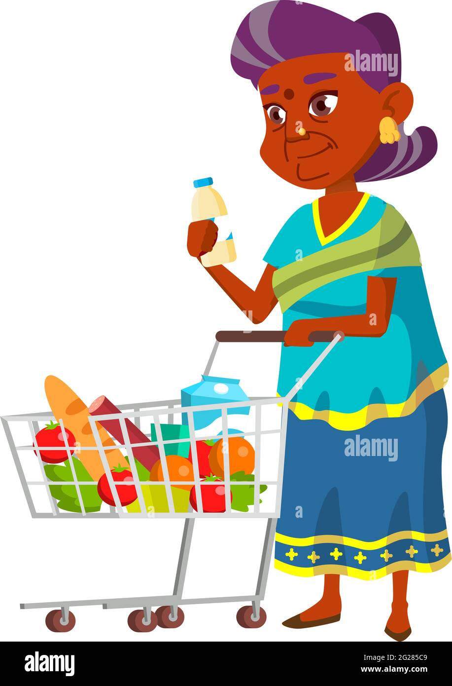 panna indiana mettendo bottiglia di latte nel vettore cartoon carrello di mercato Illustrazione Vettoriale