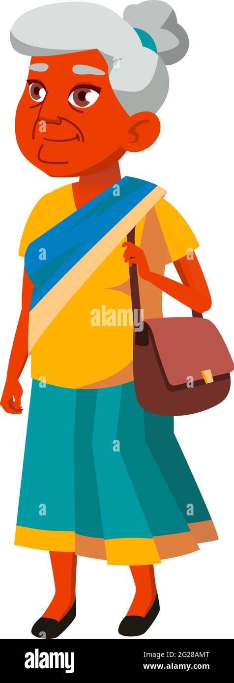 donna in pensione indiana che cammina su un vettore cartoon di strada storico Illustrazione Vettoriale
