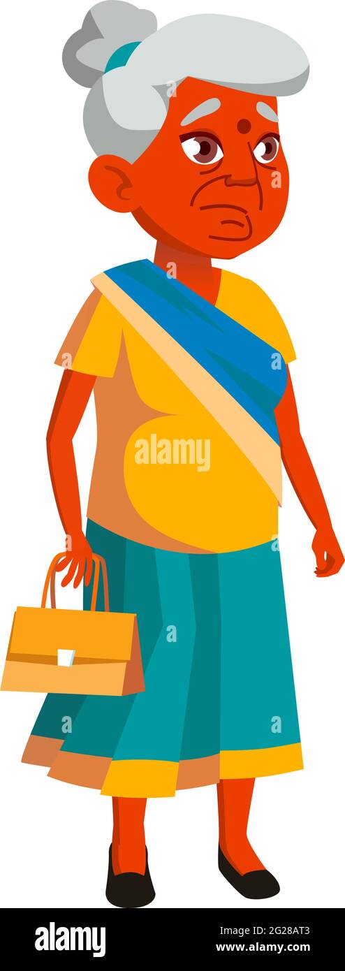 indiane anziana signora in attesa autobus vettore cartone animato Illustrazione Vettoriale