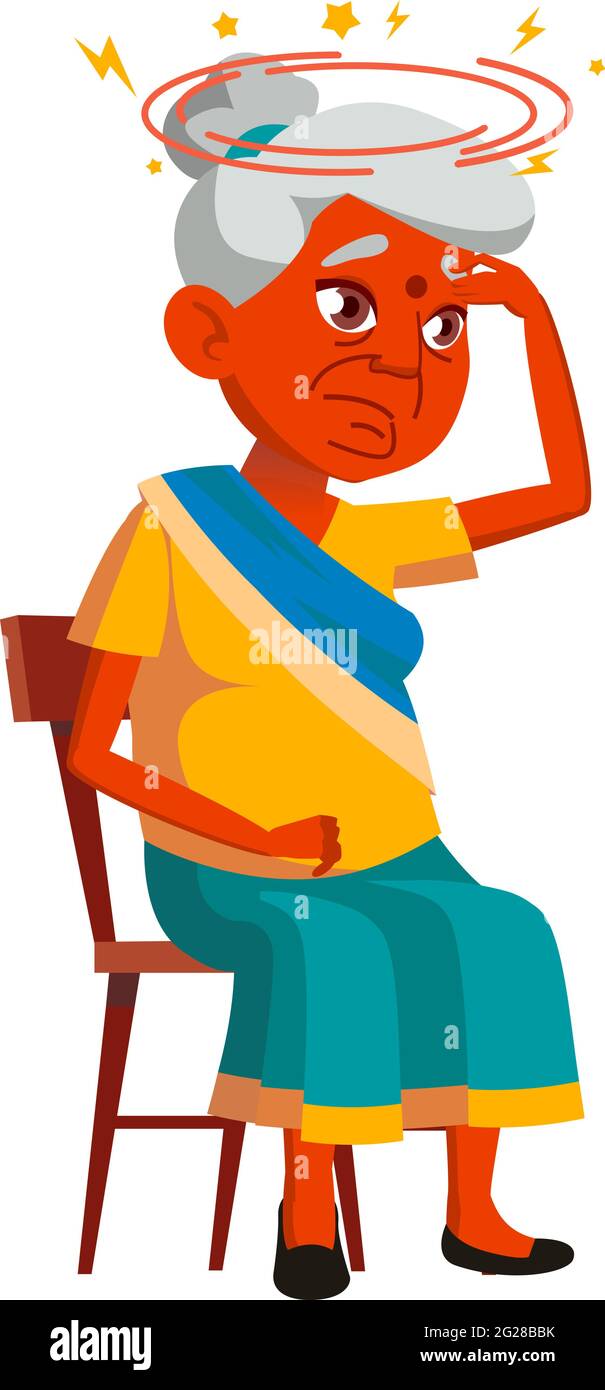 triste donna indiana anziana con la dondina seduta su sedia vettore cartoon Illustrazione Vettoriale