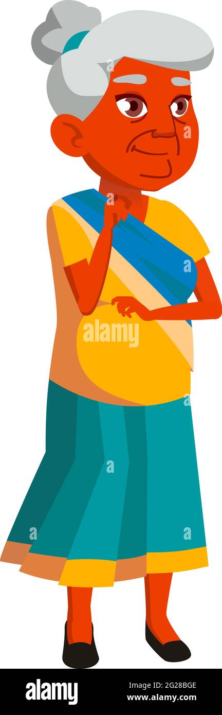 sorridente donna indiana invecchiata guardando un animale carino in zoo vettore cartoon Illustrazione Vettoriale