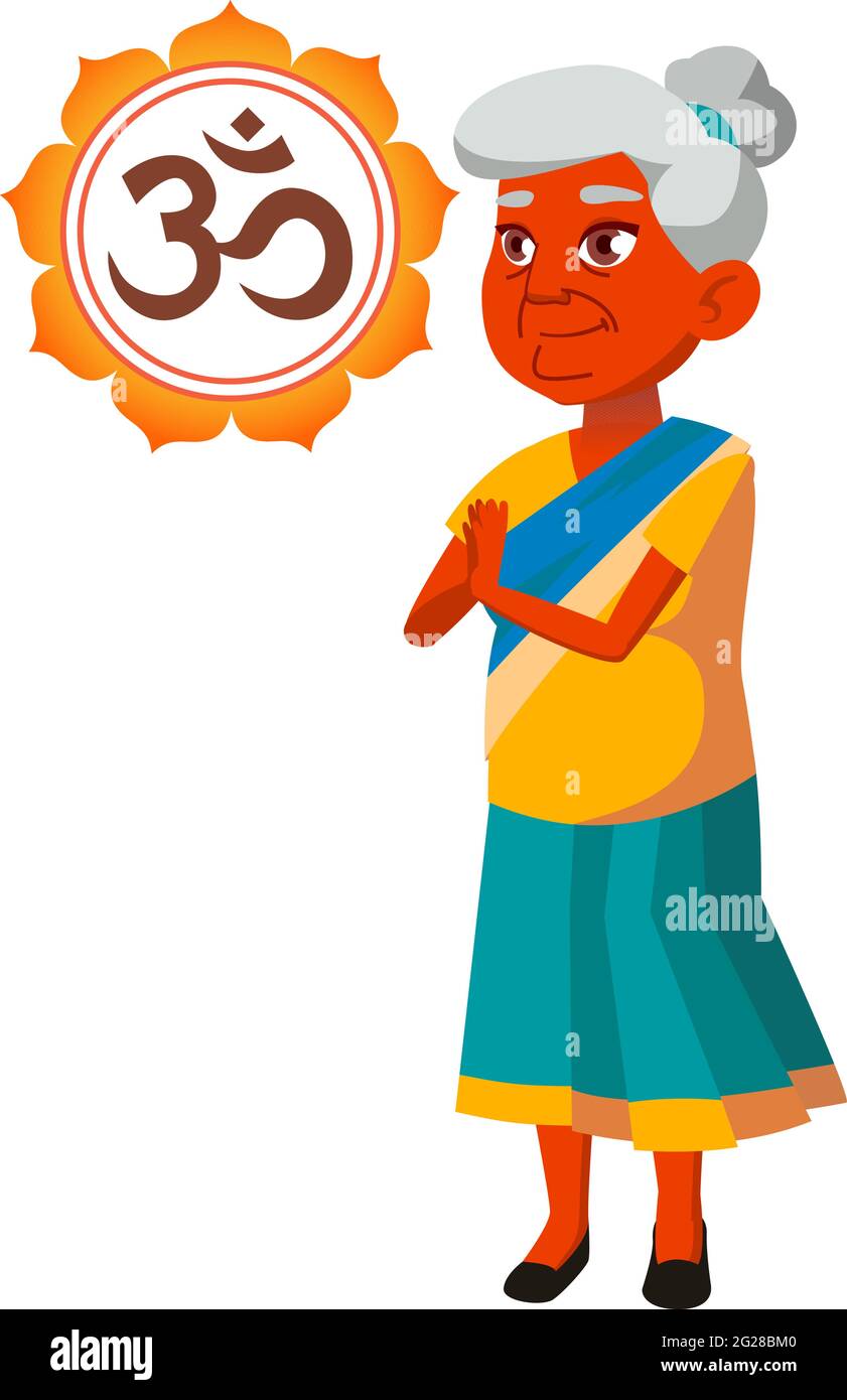 vecchia donna indiana meditando a casa vettore cartoon Illustrazione Vettoriale