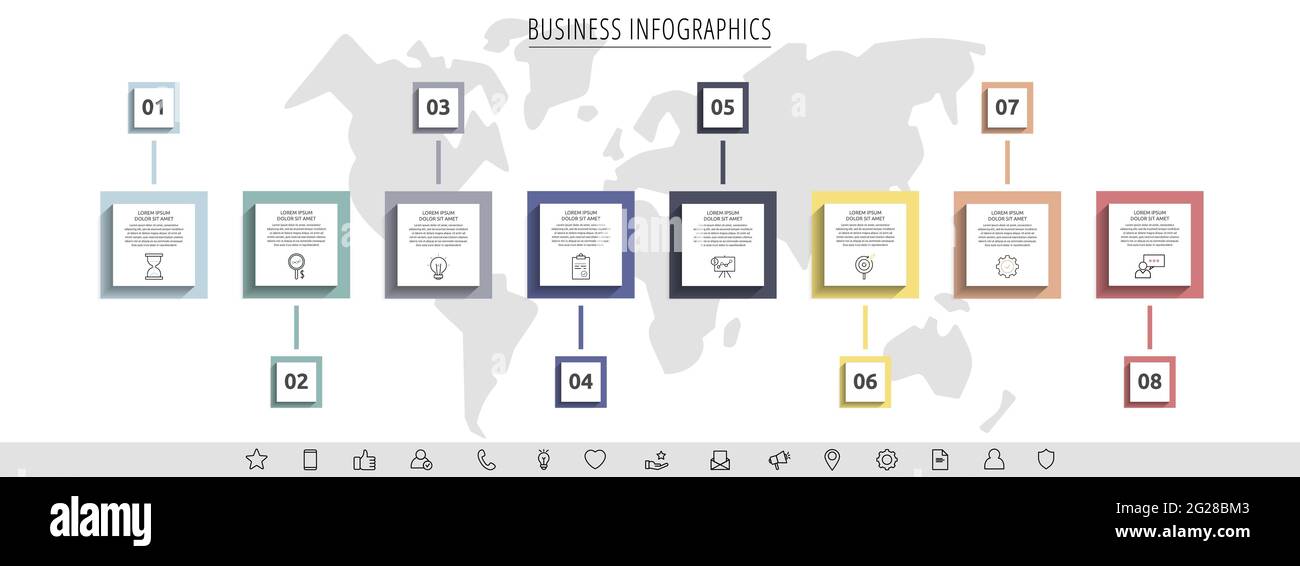 Infografica minima con otto elementi quadrati o cornici rettangolari. Visualizzazione moderna del concetto di business a 8 fasi. Design infografico piatto Illustrazione Vettoriale