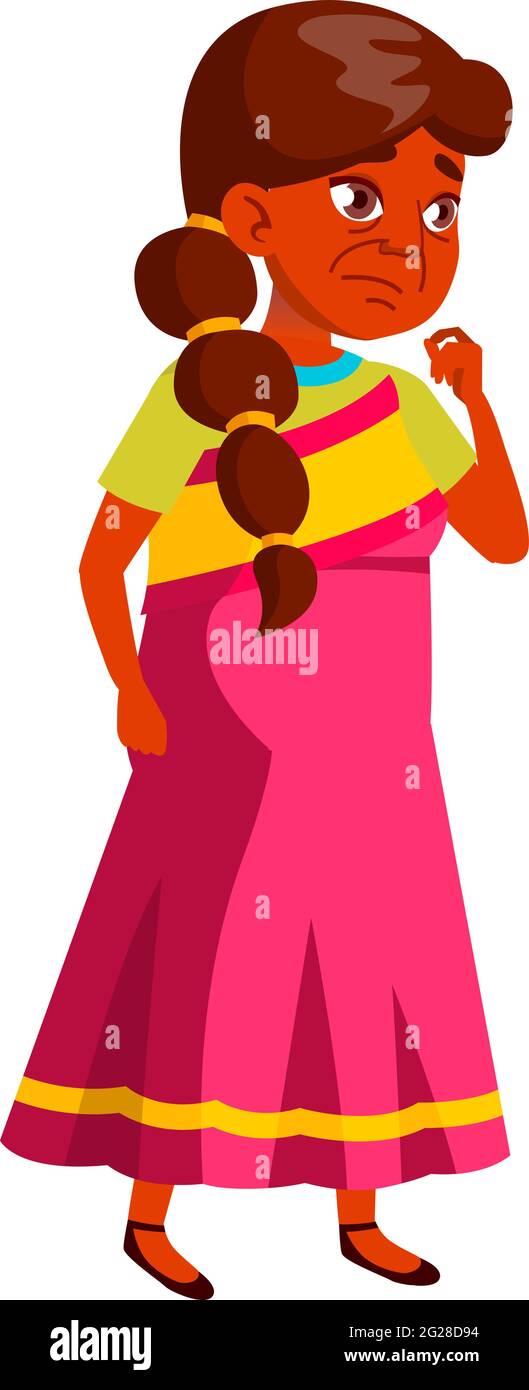 pensieroso giovane donna indiana che sceglie frutta sul vettore cartoon mercato Illustrazione Vettoriale