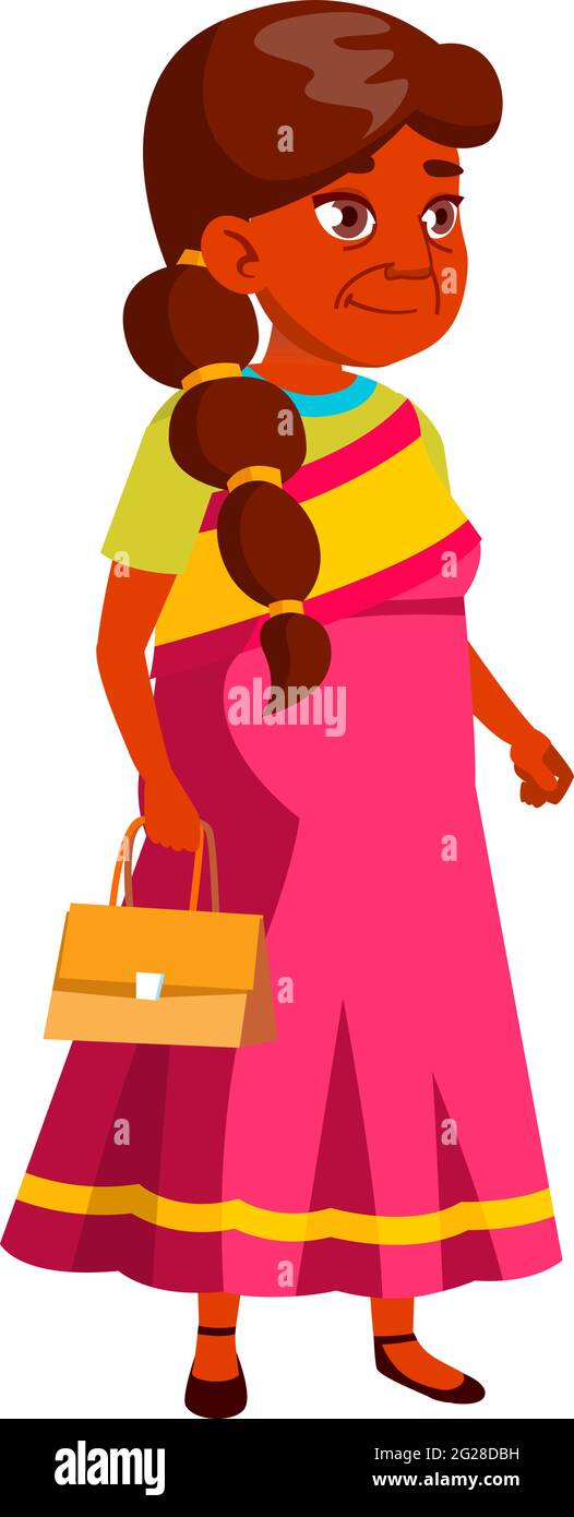 indiano anziano signora in piedi grattacielo terrazza vettore cartone animato Illustrazione Vettoriale